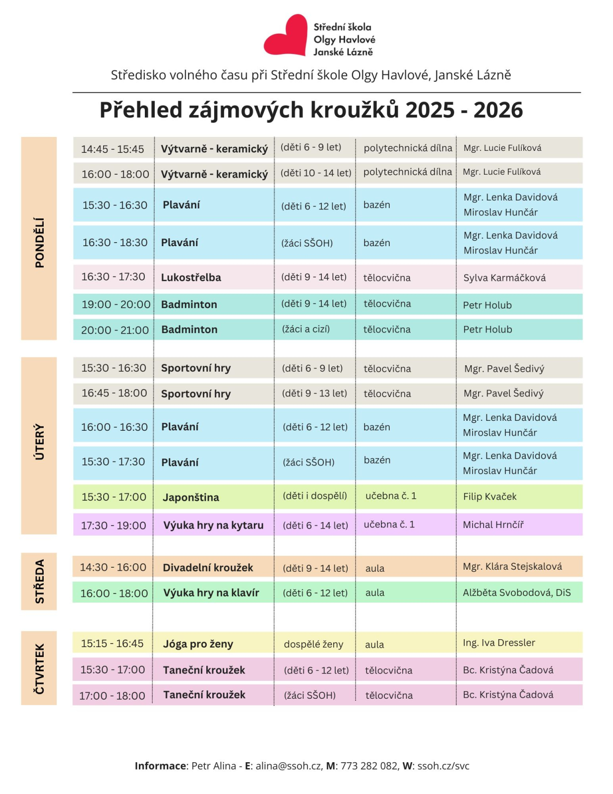 Časový přehled zájmových kroužků SVČ