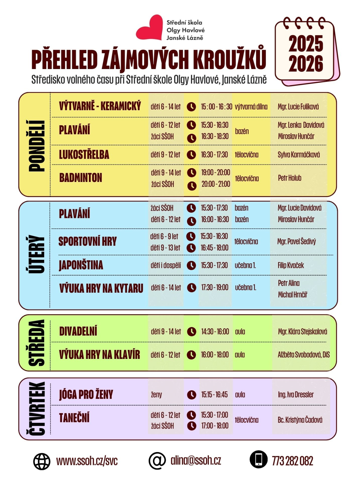 Časový přehled zájmových kroužků SVČ